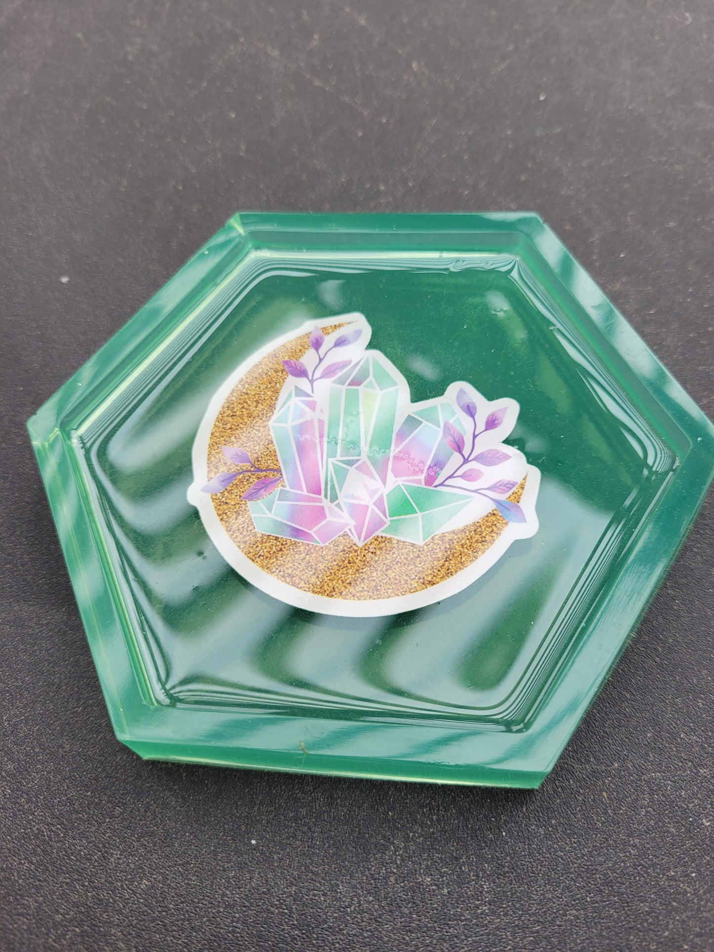 Gold moon and crystal hexagon resin coaster