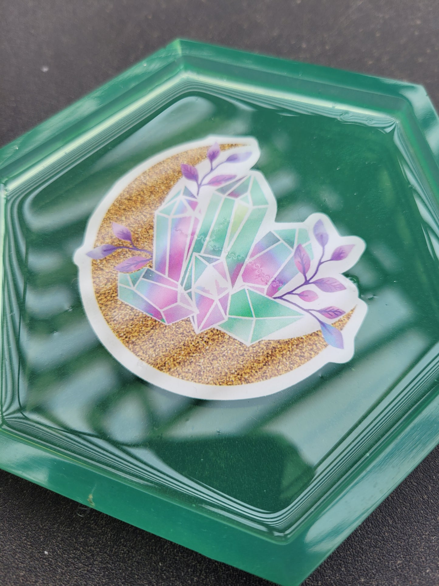 Gold moon and crystal hexagon resin coaster