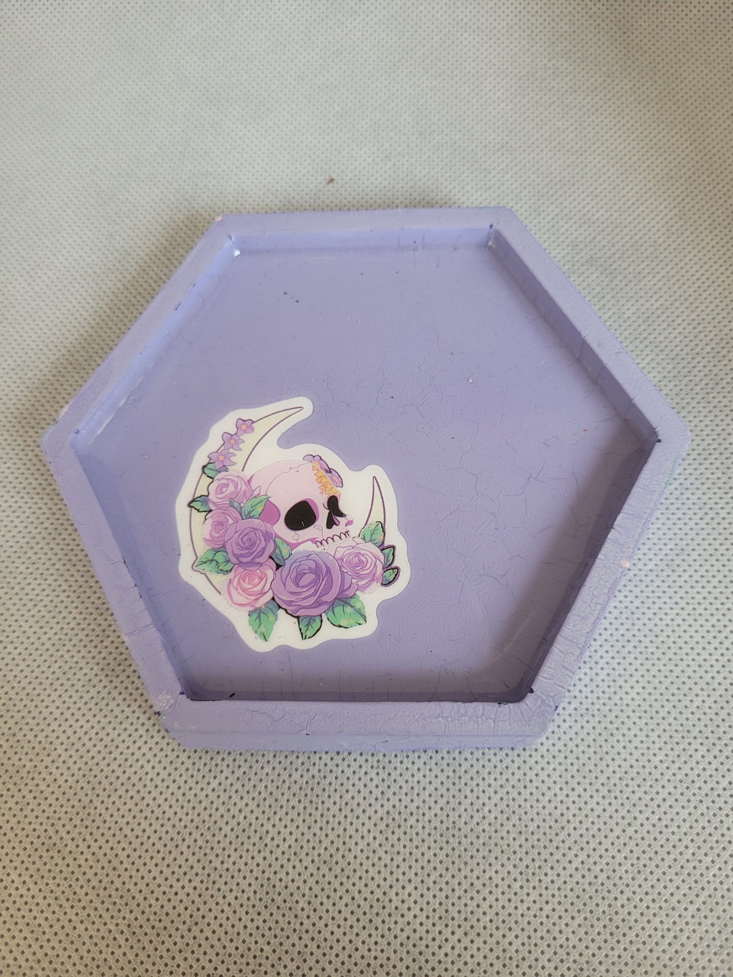 Flower, skull and moon hexagon resin coaster