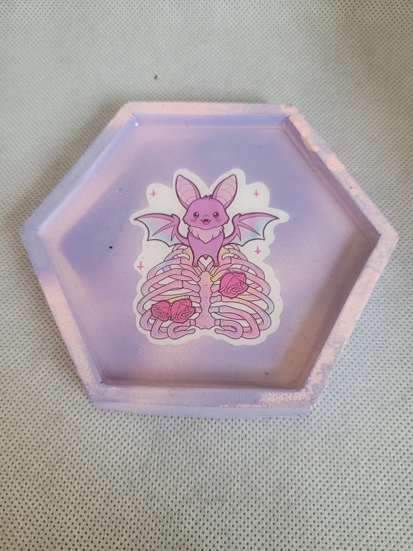 Kawaii creepy bat and rib cage hexagon resin coaster