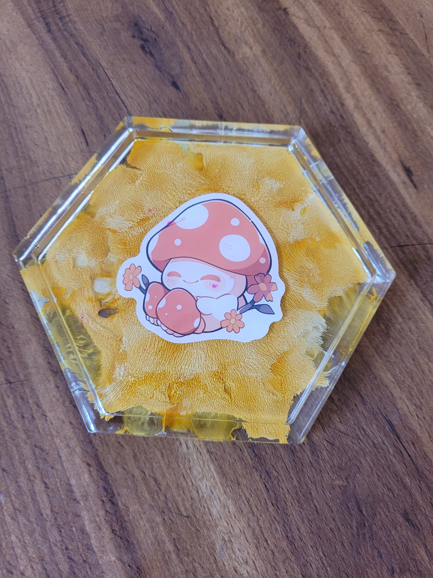 Yellow mushroom hexagon resin coaster
