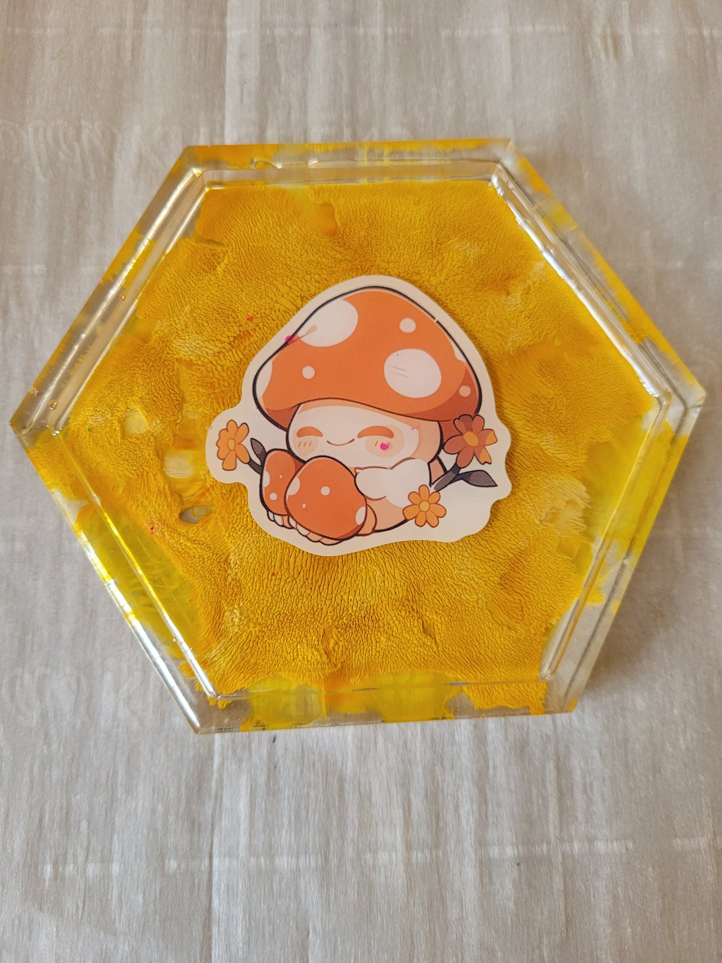 Yellow mushroom hexagon resin coaster