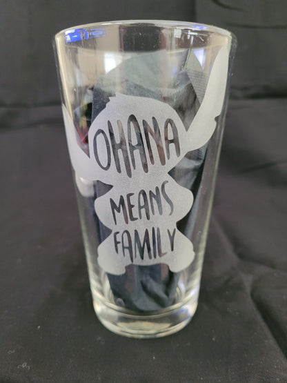 Stitch Ohana means family Pint Glass - Made to Order