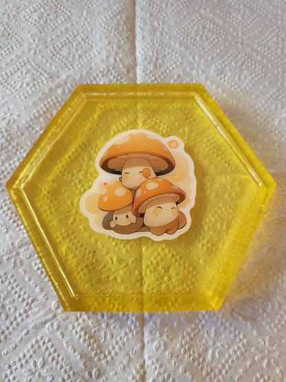 Mushroom trio hexagon resin coaster