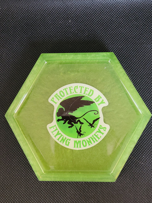 Protected by flying monkeys hexagon resin coaster