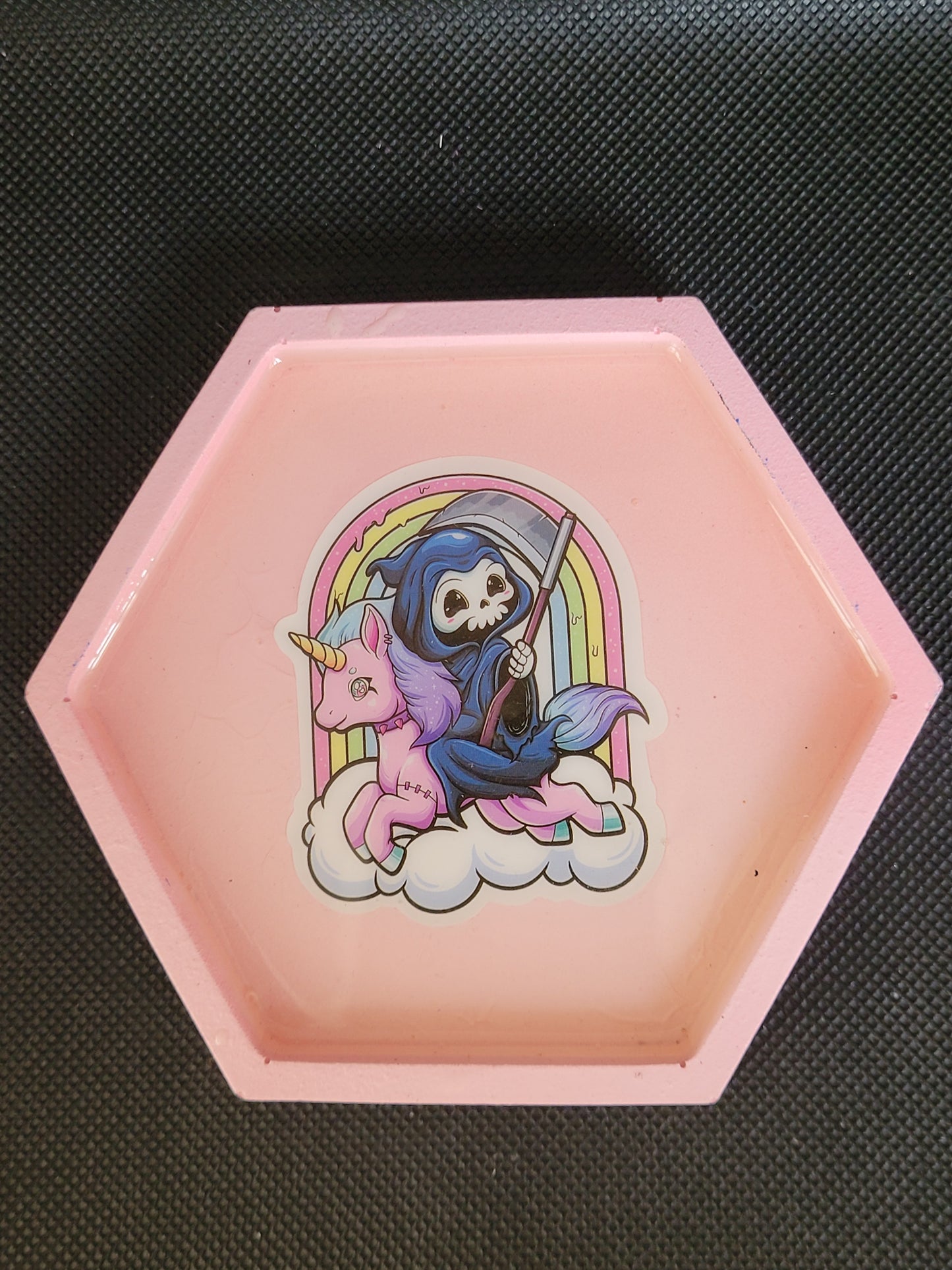 Reaper Riding a Unicorn hexagon resin coaster