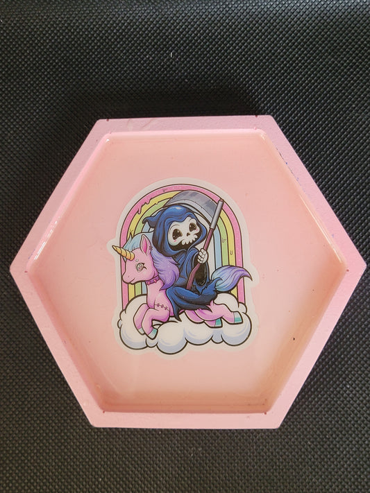 Reaper Riding a Unicorn hexagon resin coaster