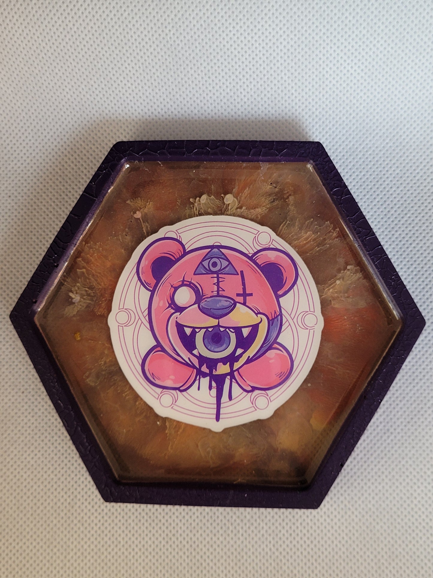Creepy Kawaii Teddy Bear hexagon resin coaster
