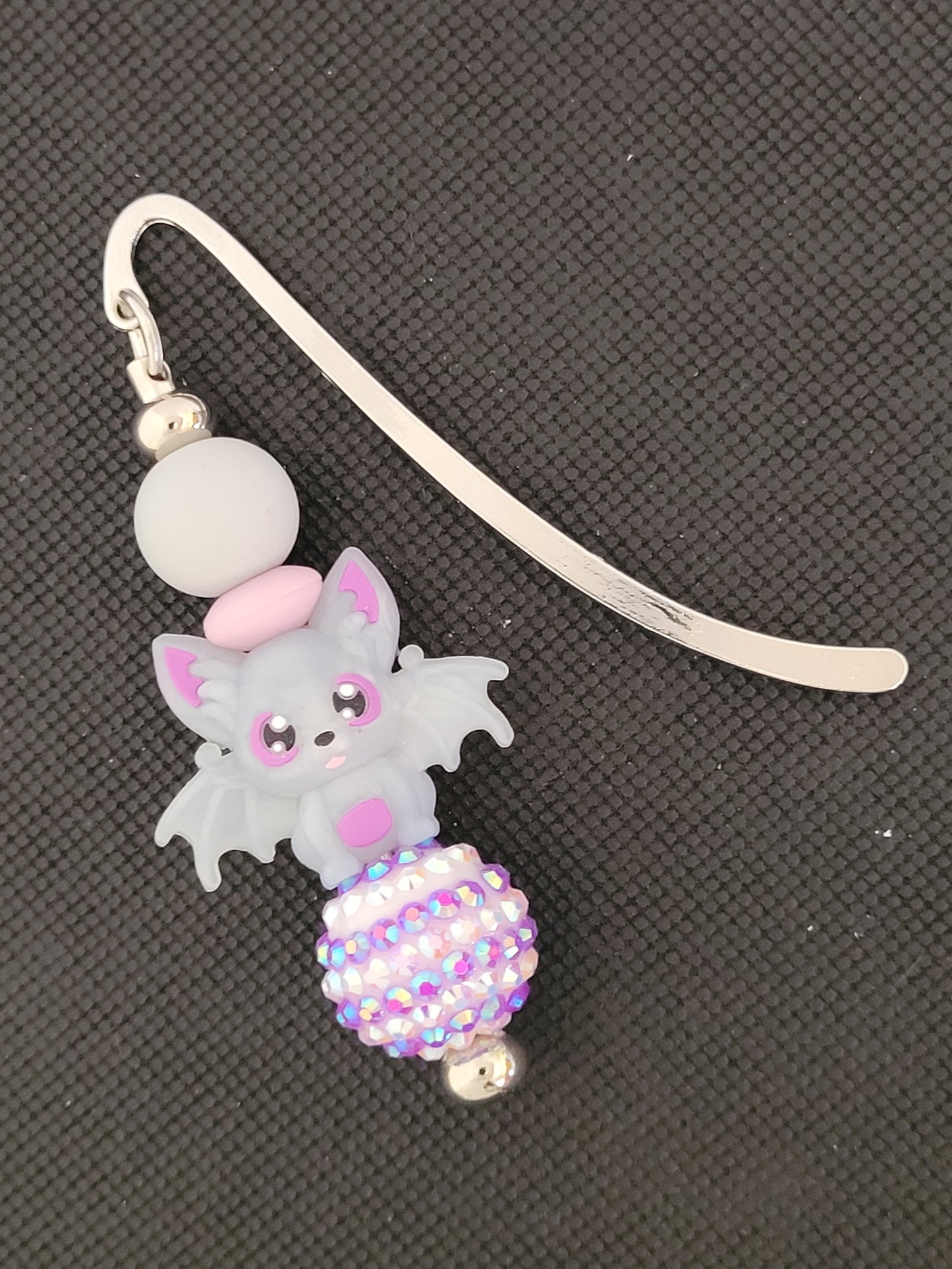Grey and pink bat beaded bookmark