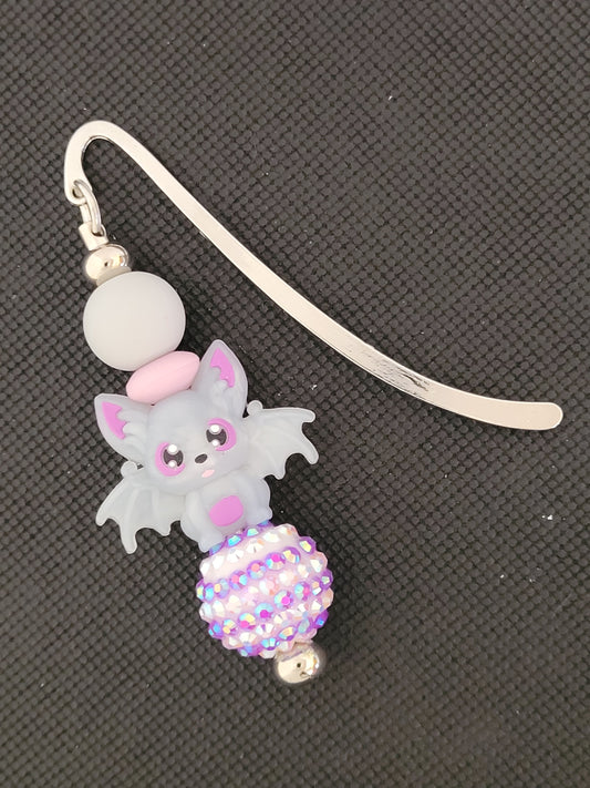 Grey and pink bat beaded bookmark
