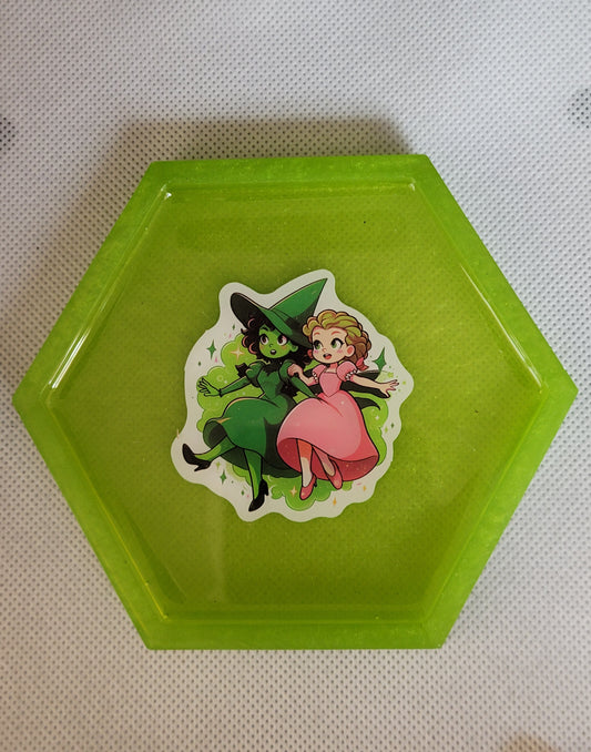 Elphie and Glinda hexagon resin coaster