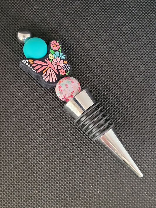 Butterfly (with flowers abd a teal bead) beaded wine stopper