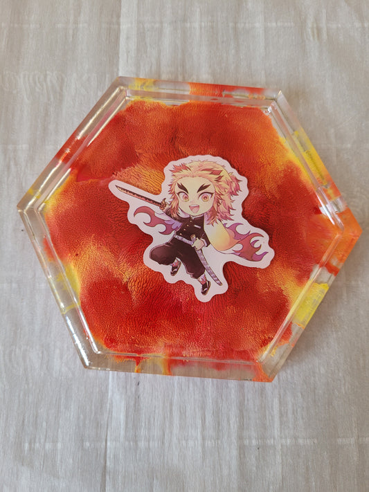Red and yellow Kyōjurō Rengoku hexagon resin coaster