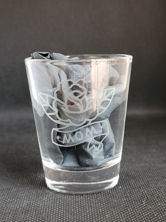 American traditional style "mom" flower tattoo 1.5 oz Shot Glass - Made to Order
