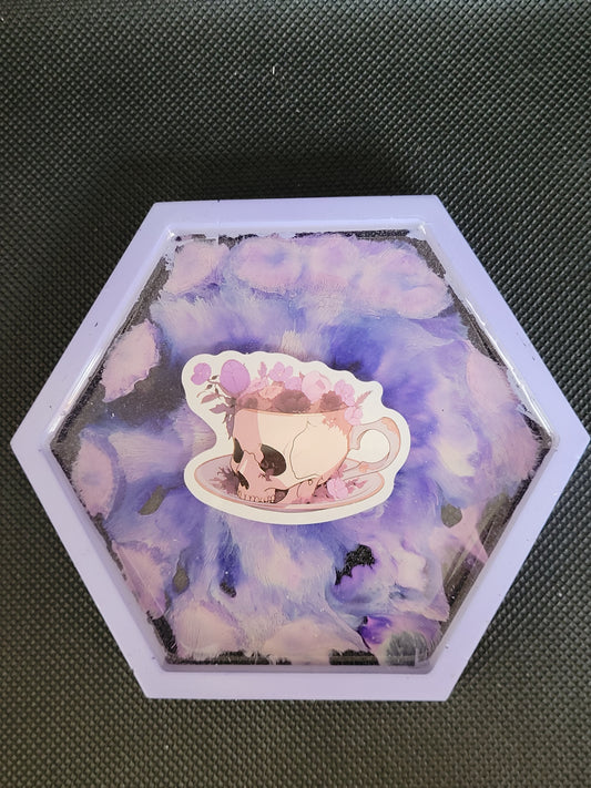 Skull teacup hexagon resin coaster